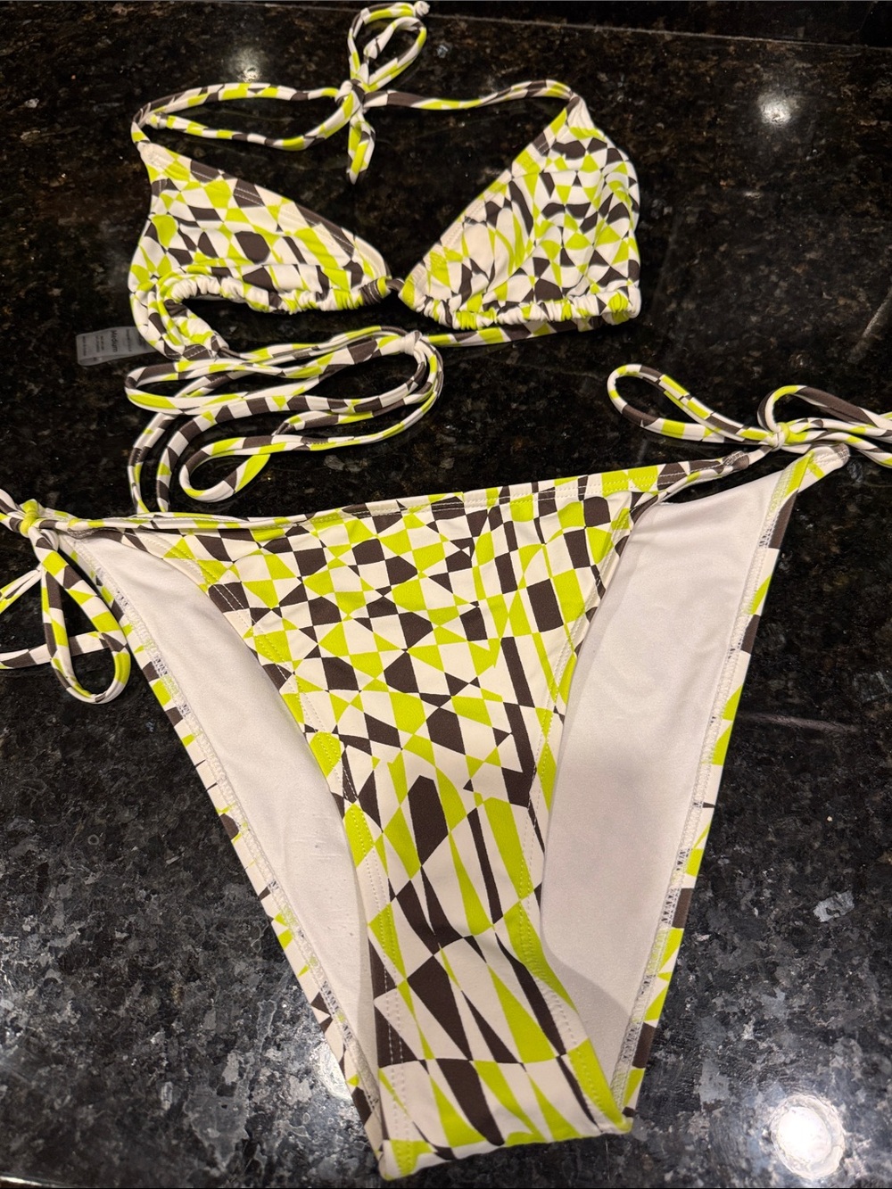 Mono B Lime Green, White & Black Geometric Triangle String Bikini
